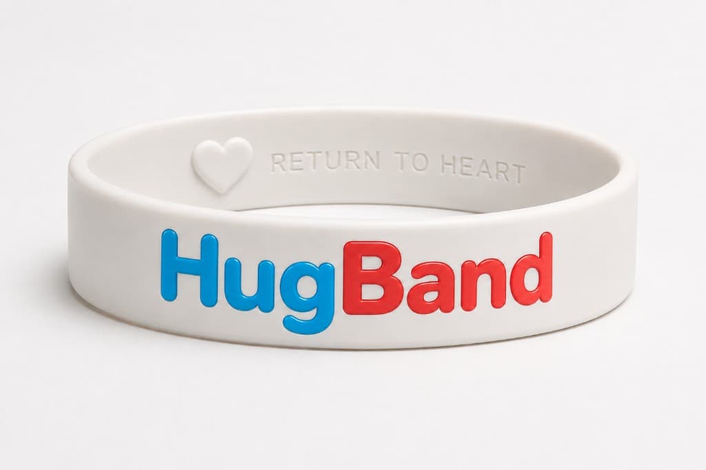 White HugBand wristband with HugBand wordmark
